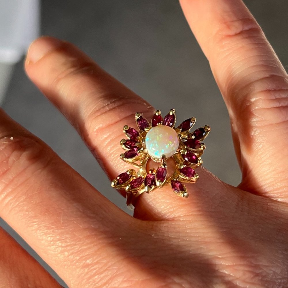 Gorgeous opal with rubies ring, size 5.75